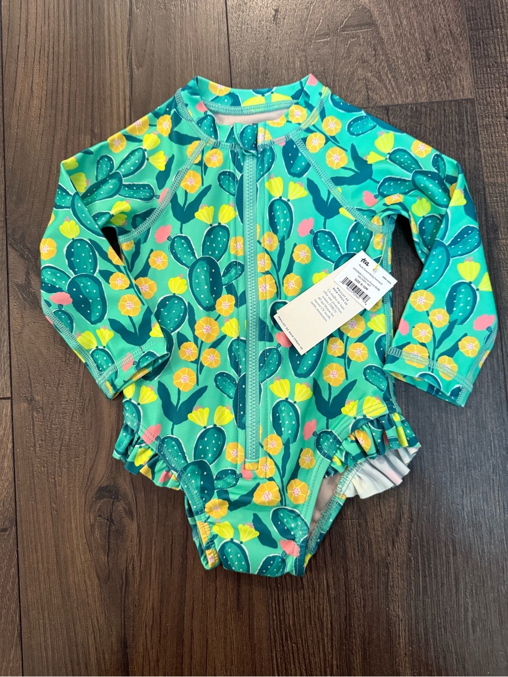 Tea Collection Teal Cactus Print Long-Sleeve Rashguard Swimsuit